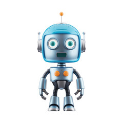 A cartoon robot standing upright with a blue helmet and orange buttons on a black background space scene