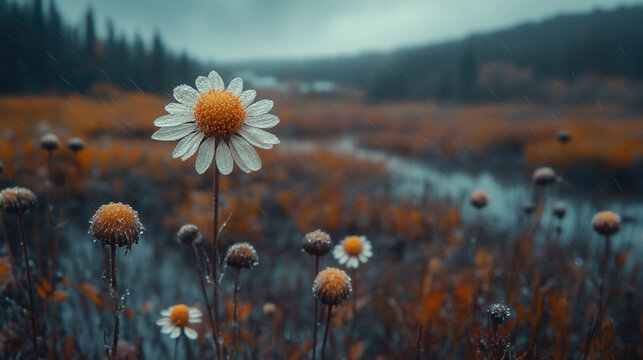 close-up of dried wild grass in windswept autumn field
