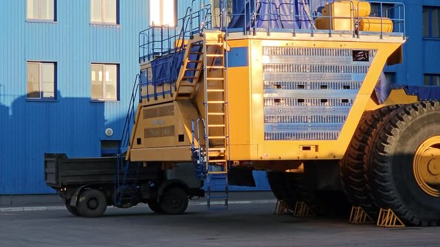 ZHODINO, BELARUS - MAR 28, 2025: A large yellow and blue truck with a ladder on the side and normal size truck. The truck is parked in front of a building