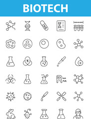 Biotech Line Icons, DNA, Microscope, Gene Editing, Test Tubes, Lab Equipment, Molecular Structure, Bioengineering, and More , Editable Formats: AI, EPS, JPG, PNG , Ideal for Both Digital and Print Use