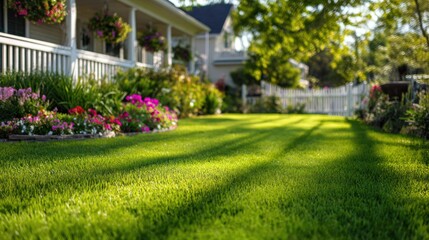 Fototapeta premium House with white porch and fence surrounded by green lawn and colorful flowers.