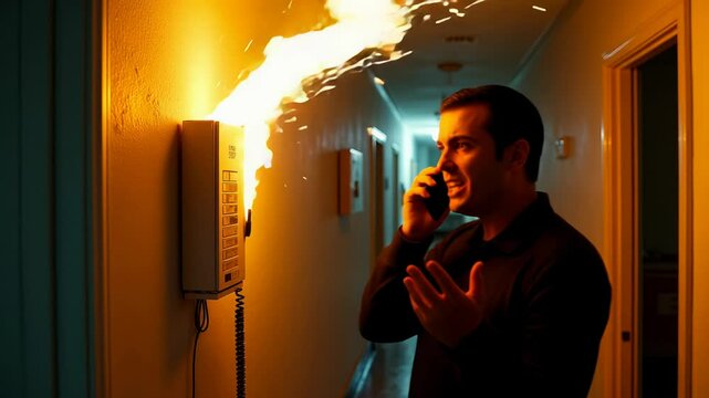 Overloaded electrical panel sparks in hallway as smoke rises and a man calls fire brigade for urgent assistance