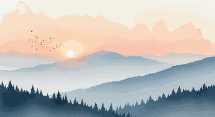  A modern watercolor painting of a mountain range bathed in the warm light of sunrise. © Purnomo