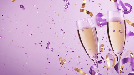 purple background with confetti and ribbons, champagne glasses, and copy space on the left side, celebrating a new year or birthday party. 
