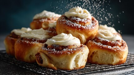 Stack of cinnamon rolls with frosting and powdered sugar on a wire rack.