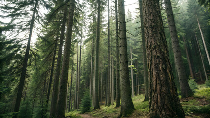 Obraz premium A serene forest scene featuring tall trees lining a winding trail through lush greenery