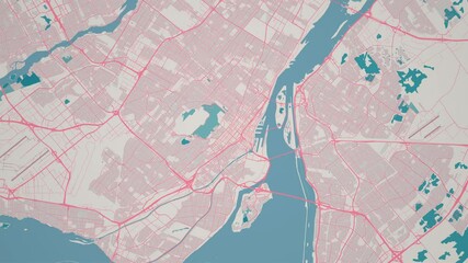 Zoom in on the map of Montreal City in Canada, with text. Cinematic digital abstract 3d world map animation highlights aerial views, tourism, and travel. 4k - Powered by Adobe