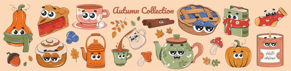 Set of autumn cozy stickers. Retro groovy collection. Leaves, pumpkins, coffee, mushrooms, bakery, teapot. Vector illustrations.