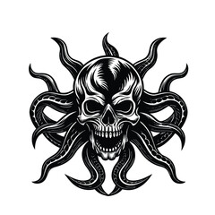 Striking Black and White Illustration of a Monster Octopus Skull with Tentacles, Nautical Gothic Tattoo Design