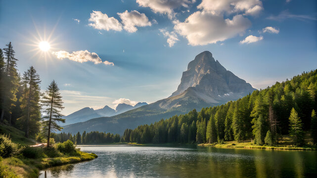 A serene mountain lake nestled among lush trees and towering mountains under a clear blue sky