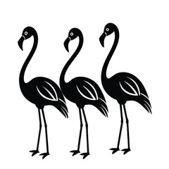 Three Elegant Flamingo Silhouettes in a Row, Minimalist Black Vector Illustration on White Background