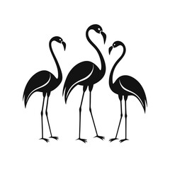 Three Elegant Flamingo Silhouettes in a Row, Minimalist Black Vector Illustration on White Background