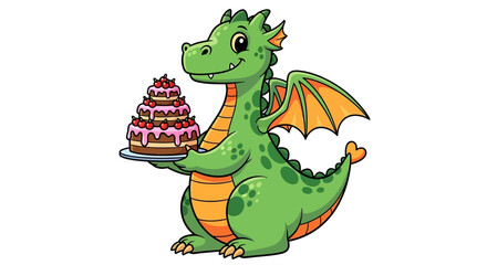 Cartoon Dragon Holding a Birthday Cake with Pink Frosting and Cherries