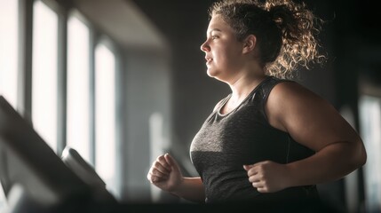 Overweight woman gym workout running on treadmill with determination