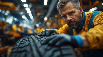 skilled car mechanic replacing tire in auto service center 