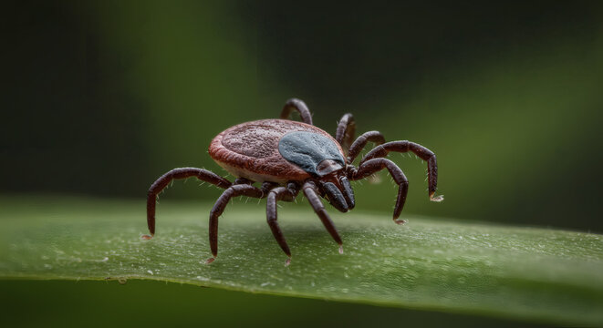 Detailed CloseUp of a Brown Dog Tick with Dark Legs on Green Leaf.