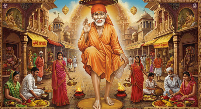 Sai Baba Blessing Devotees in a Vibrant Indian Market Scene of Faith and Community