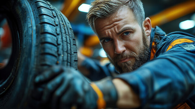skilled car mechanic replacing tire in auto service center 