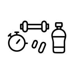 Fototapeta premium Fitness icons including dumbbell stopwatch pills and water bottle for health and wellness