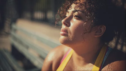 Fototapete Plus size woman relaxes in sun after intense outdoor workout © Andrii