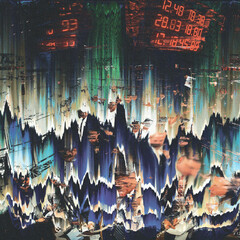 Chaotic Abstract Digital Glitch Artwork Featuring Vibrant Halftone Textures