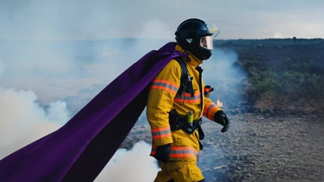 Firefighter with superhero cape.