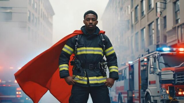 Firefighter with superhero cape.
