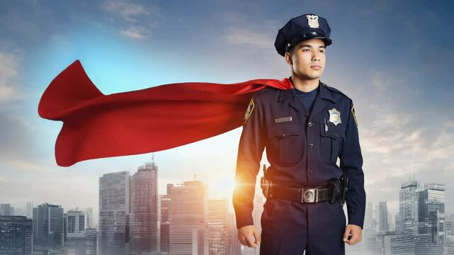 Police officer with superhero cape.