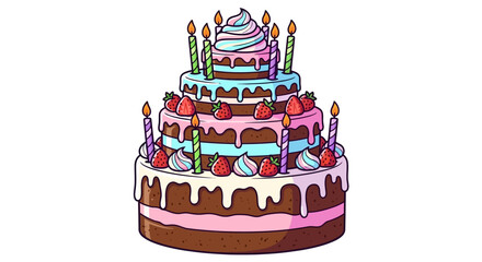 Colorful Four-Tiered Birthday Cake with Candles and Strawberry Decoration