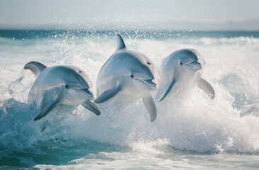 Fototapeta premium Three dolphins jumping out of the water in front of blue ocean waves