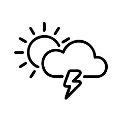 Simple line drawing of sun and stormy cloud with lightning bolt