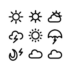 Collection of simple black line art weather icons on white background