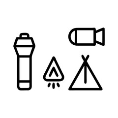 Collection of simple outline icons for camping and outdoor adventure activities