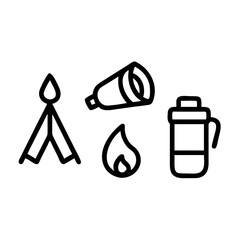 Camping icons representing a tent campfire binoculars and thermos for outdoor adventures
