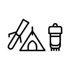Simple line art icons representing camping gear including a tent sleeping bag and tent poles