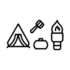 Simple line art icons representing camping gear including a tent spatula cooler and torch