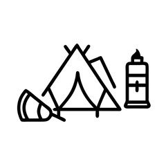 Simple line art icon of a tent sleeping bag and lantern for camping