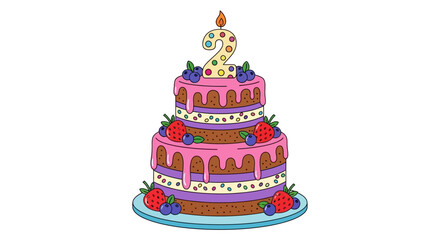 Two-Tiered Birthday Cake with Number Two Candle, Pink Frosting, and Berries