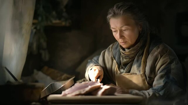 Butcher grinding meat in a rustic kitchen with natural light