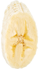 Close up of a banana slice revealing its inner structure, seeds, and creamy flesh, isolated on a transparent background