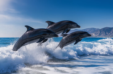Three dolphins jumping out of the water in front of blue ocean waves