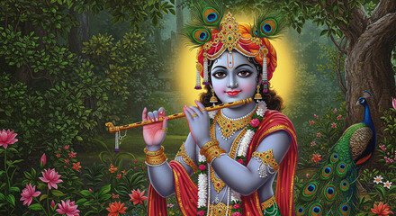 Illustration of krishna playing flute with peacock feathers and flowers in a lush garden
