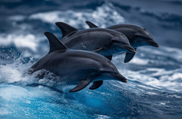 Fototapeta premium Three dolphins jumping out of the water in front of blue ocean waves