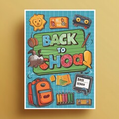 Fototapeta premium Colorful Back to School Design with Fun Cartoon Illustrations and Cheerful Typography
