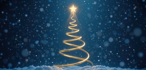 Glowing spiral Christmas tree shape with star on snowy night background.