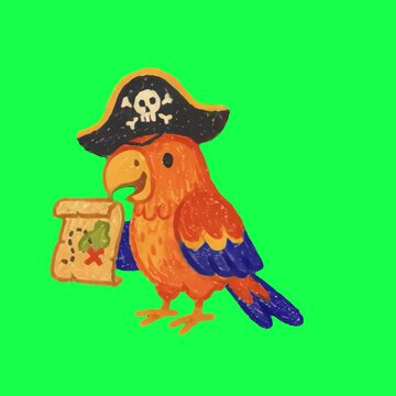 Colorful pirate parrot illustration animation, transparent 4K video, green screen