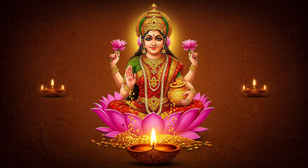 Illustration of lakshmi seated on a lotus with diyas and gold coins on a brown gradient background