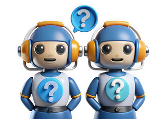 Two cute robots with headphones and question marks on their chests isolated on transparent background