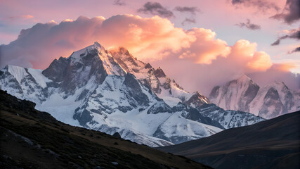 Fototapeta premium Majestic mountains blanketed in snow, with gentle pink clouds drifting above, evoke a peaceful winter scene
