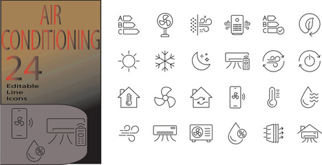 Air conditioning icon. Containing cooling, ionization, blowing, heating, swing. Solid vector icons collection.